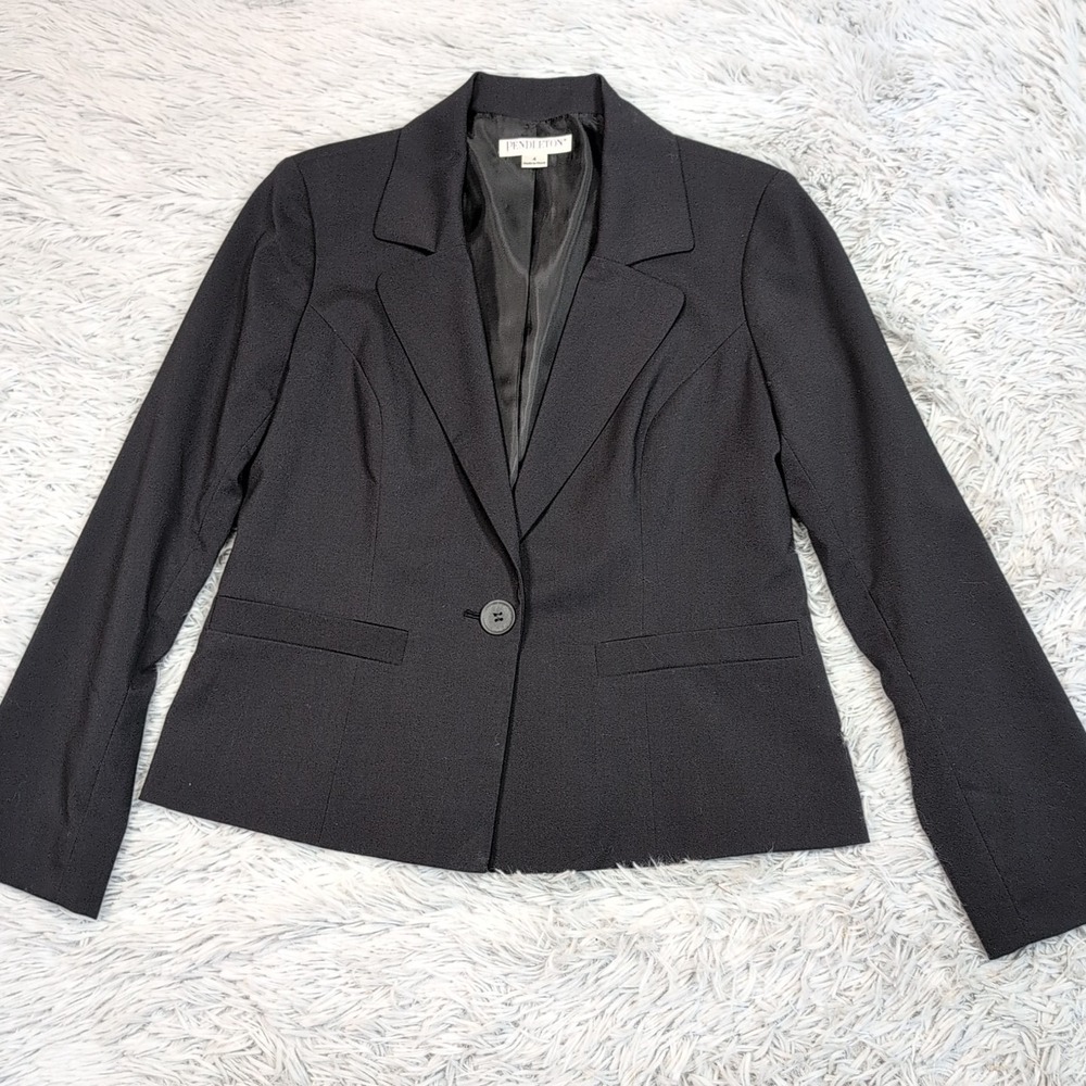 Vintage Pendleton Jacket Womens 4 Petite Black Blazer Career Button‎ Up Preppy